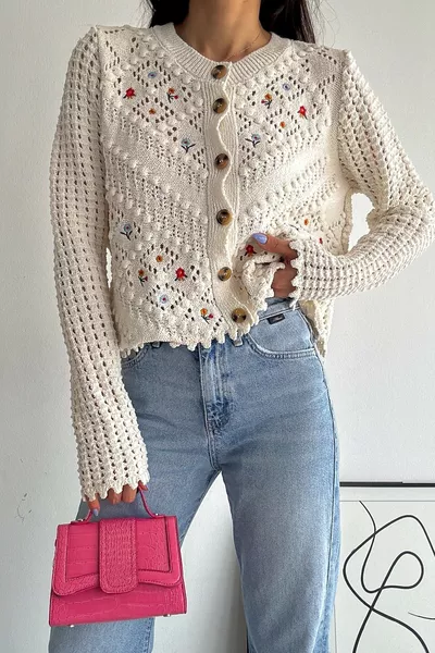 Women's White Button Detail Embroidered Standard Size Openwork Knit Cardigan