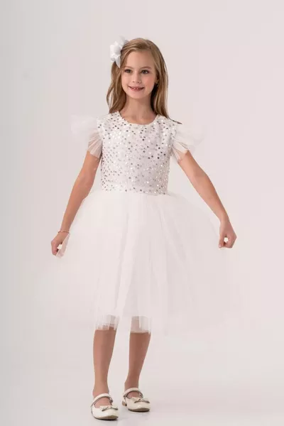 فستان فتاة بأكمام تول KPL  أبيض ثلجي