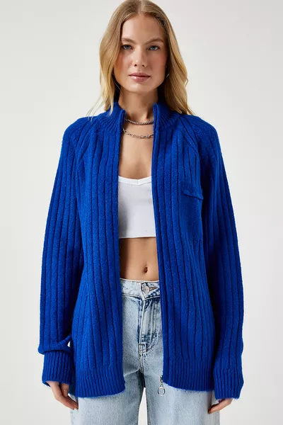 كارديغان صوفي نسائي أزرق غامق بسحّاب 