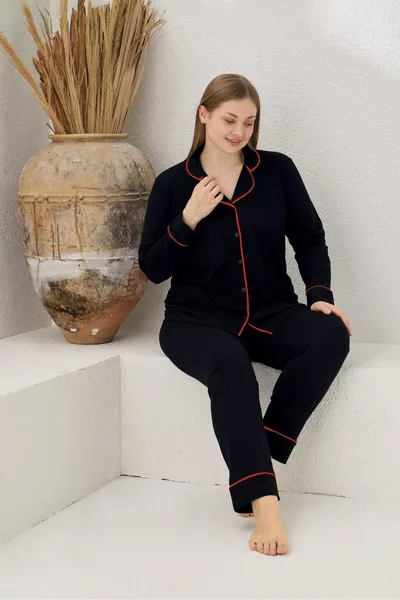 طقم بيجامة نسائي أسود بحجم كبير، بأكمام طويلة، قطن، بأزرار وطية أمامية