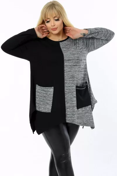 Asymmetric Pocket Round Neck Long Sleeve Two-Tone Blouse