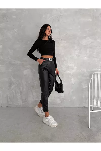 Women's High-Waisted Masculine Classic Leather Pants with Belt Detail, Carrot Fit