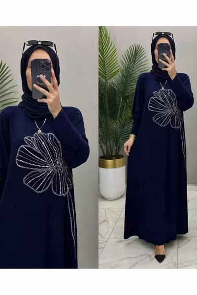 Abito da donna Sandy Lacivert Nursema Taglia grande Abito lungo da cerimonia con dettagli in pietra Abito coprente