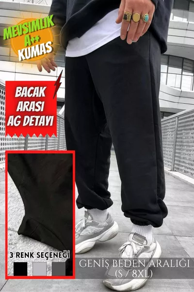 2-Ply Summer Black Oversized Sweatpants with Elastic Ankles, Plus Size, Loose Fit