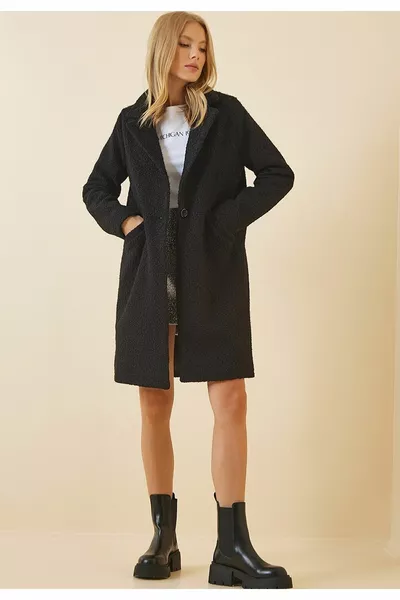 Dames Enkelvoudig Geknoopte Zwarte Bouclé Mantel