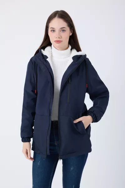Women's Navy Hooded Winter Coat & Jacket & Parka with Fur Lining, Waterproof and Windproof