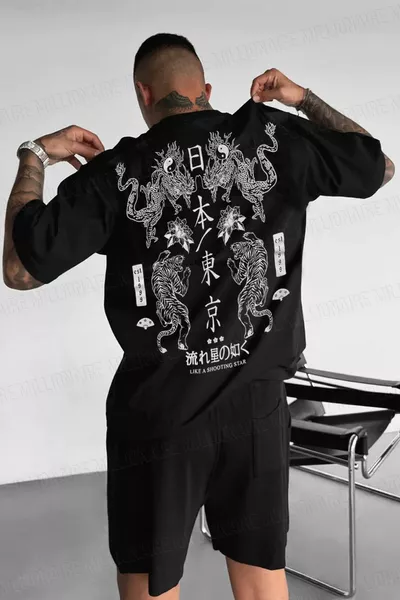 Erkek Dragon Baskılı Siyah Bisiklet Yaka Oversize Salaş T-Shirt