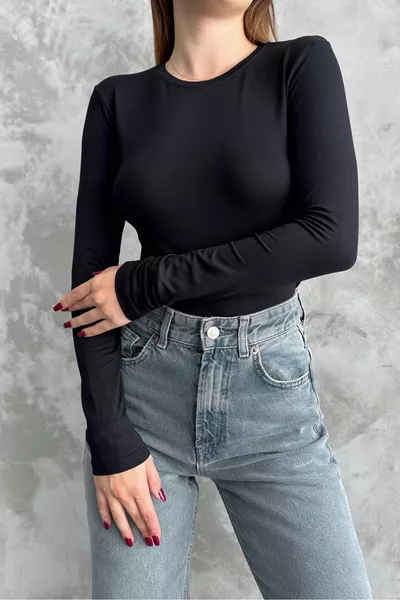 Siyah Bisiklet Yaka Basic Uzun Kollu Body 