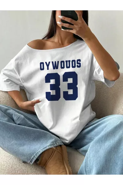 Damen T-Shirt mit Bootsausschnitt, Oversize, Aufdruck, % Baumwolle