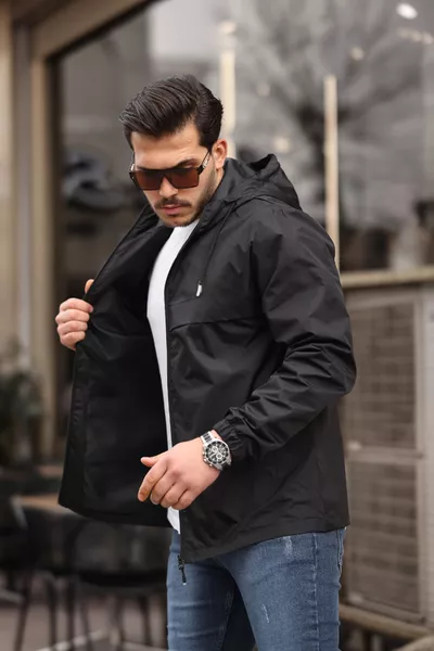 Men's Lined Waterproof Hooded Raincoat with Pockets