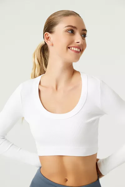 x Melodi Beyaz Pamuklu Fitilli Uzun Kollu Crop Spor Bluz Long Sleeve