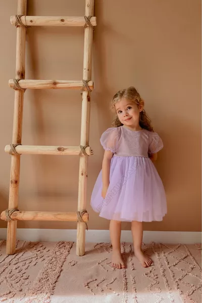 فستان طفلة قصير بأكمام بالون من التُل البنفسجي مع تول تحت الإبط - سندريلا