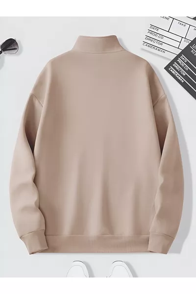 бежевый свитшот оверсайз унисекс с высоким воротником и молнией