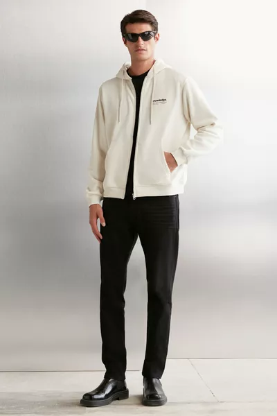 كنزة هوديز رجالية أكسل مصنوعة من القطن العضوي الناعم للغاية، واسعة الحجم، بسحاب ونقشة، باللون الحجري