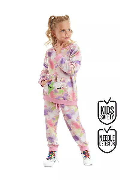 Unicorn Batik Patterned Kangaroo Pocket Girls' Tracksuit Set