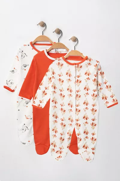 Baby Girl Cotton Snap Closure Romper Set with Footies 3-6-9 Months, 3 Pieces