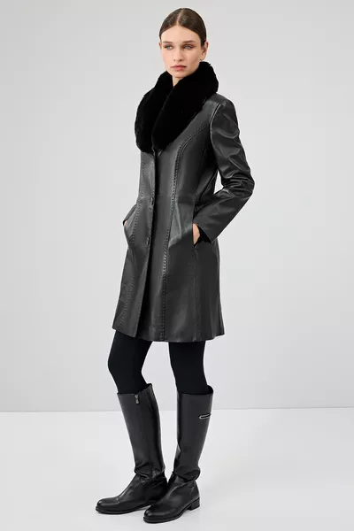 Christina Damen Schwarzer Leder-Mantel mit Fellbesatz M