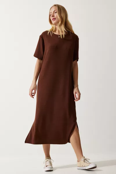 Robe en tricot côtelé à col rond pour femme, couleur marron 