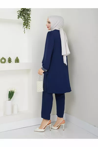 Большой размер комплект для хиджаба с воротником и манжетами, украшенными жемчужными бусинами