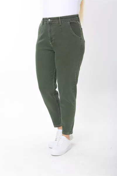 Mom Fit Jeans Plus Size High Waist Carrot Cut Slim Leg Pleated Stretch Denim Pants -Khaki