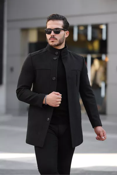 Heren Losvallende Winddichte Lange Zwarte Kasjmier Jas met Knoopsluiting