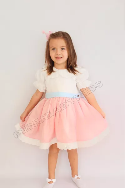 Roze Blauw Jurkje met Strik en Korte Mouwen voor Meisjes - Candy