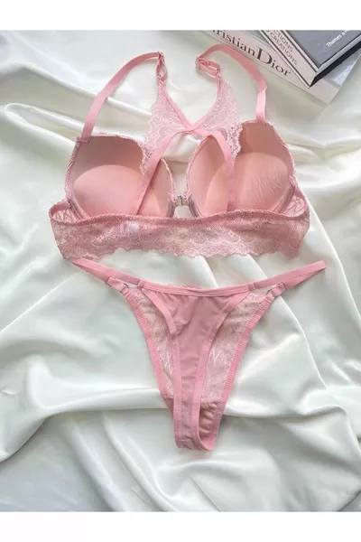 Set di Reggiseno con Pizzo e Chiusura Frontale - Rosa - 