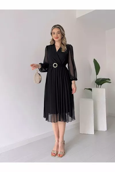 فستان متوسط الطول نسائي بياقة متصالبة وتصميم كلوش مبطن من قماش الشيفون