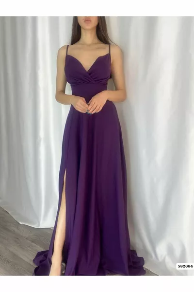 Askılı Kruvaze Yaka Yırtmaç Detay Maxi Boy Ithal Krep Kumaş Abiye Elbise