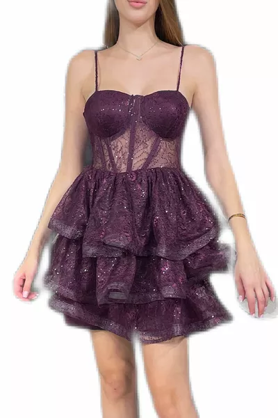 Фиолетовое короткое кружевное вечернее платье для выпускного вечера