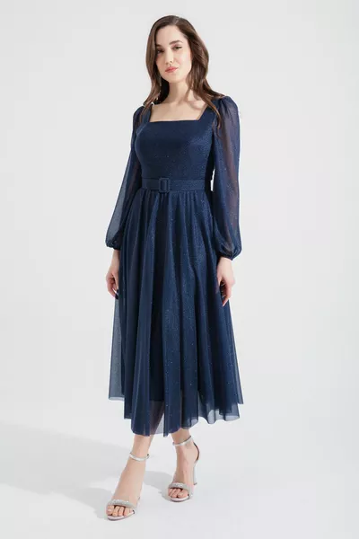 المرأة الأزرق الداكن مربع طوق حزام ميدي بريق مساء اللباس