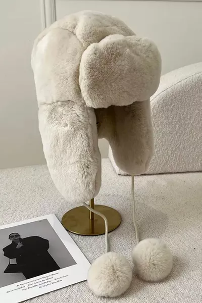 Beige Plush Earflap Pom-Pom Beanie Pilot Hat