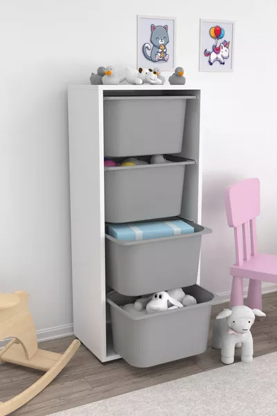 خزانة ألعاب متعددة الأغراض مع 4 سلال عميقة، خزانة مطبخ ومستودع رمادية