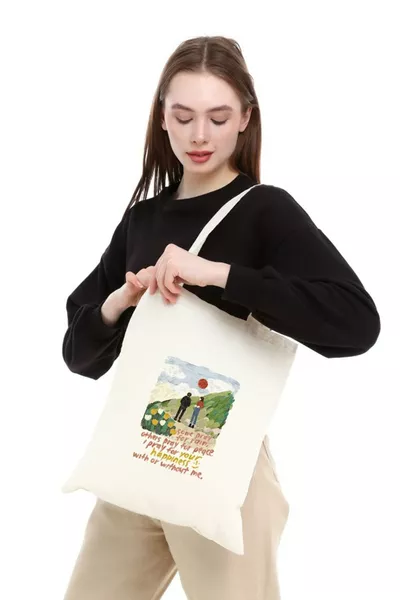 I Pray For Your Happiness Baskılı Ham Bez Çanta