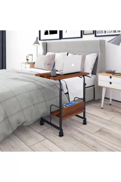 Работна маса за лаптоп с колела с регулируема височина, спирачки и рафт 