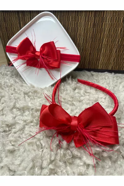 Red Furry Ribbon Bow Mother Baby Postpartum Crown Set (Christmas Concept Crowns)