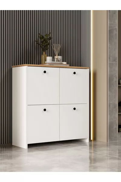 Shiva Ayakkabılık 4 Kapaklı 4 Raflı Çok Amaçlı Dolap Beyaz-Safir Meşe