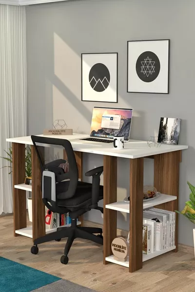 Работна маса Hipo с рафт за книги, орех