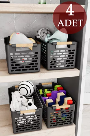 Комплект от 4 черни кошници | Многофункционални органайзери с дървесен вид и дръжки