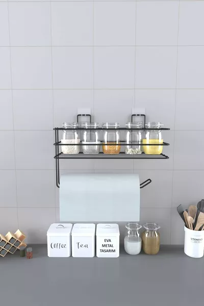 Yapışkanlı Raflı Kağıt Rulo Havluluk Peçetelik Havlu Kağıltlık Siyah Banyo Mutfak Düzenleyici Raf
