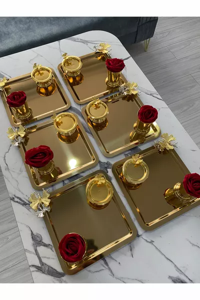 صينية تقديم مربعة من الفولاذ المذهّب 6 قطع بثلاثة موديلات مختلفة، دلو ذهبي للورود (بوردات وردية)، حامل معكرون بفراشات