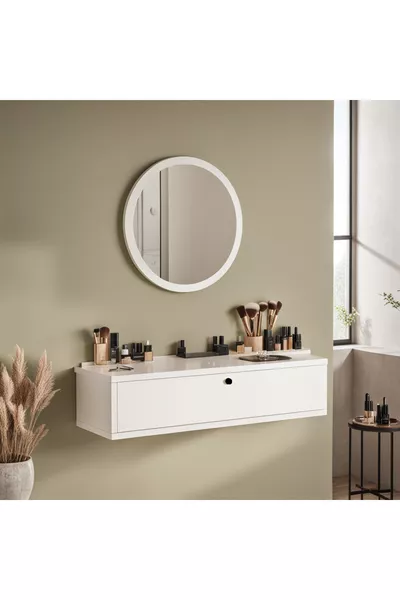 Table de maquillage murale Claria avec miroir et couvercle, blanc -W