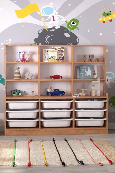 Armoire polyvalente à 9 étagères et 9 paniers pour jouets Almina en pin