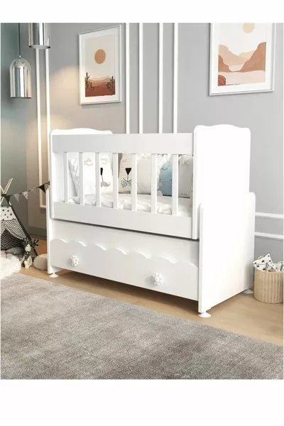 Wooden Cradle with Drawer, Rocking Side Bed for Baby, White