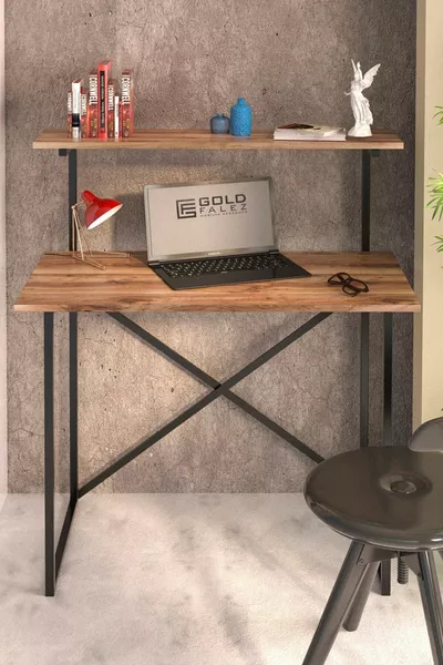 Работна маса с етажерка за книги, многофункционална офис маса от орех