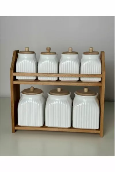 7-teiliges Porzellan-Gewürzglas-Set mit Holzständer