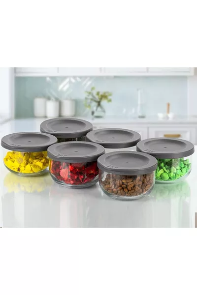 Boîte de conservation Duo en verre pour petit-déjeuner, lot de 6 boîtes rondes de rangement, gris