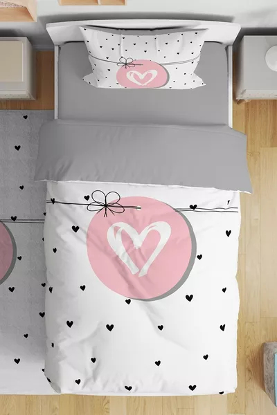 Düğümlü Pembe Kalp Desenli Tek Kişilik Bebek Çocuk Nevresim Seti