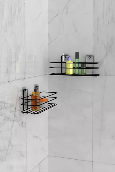 Комплект от 2 броя черен мат органайзер за баня с поставка за шампоан и сапун с лепенка