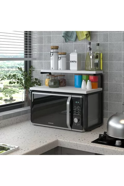 منظم المطبخ مع رف معدني للميكروويف وحامل الشاي والقهوة لأسطح العمل